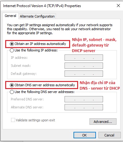 Hình 4 - Thiết lập nhận cấu hình IP từ DHCP trên host chạy Windows